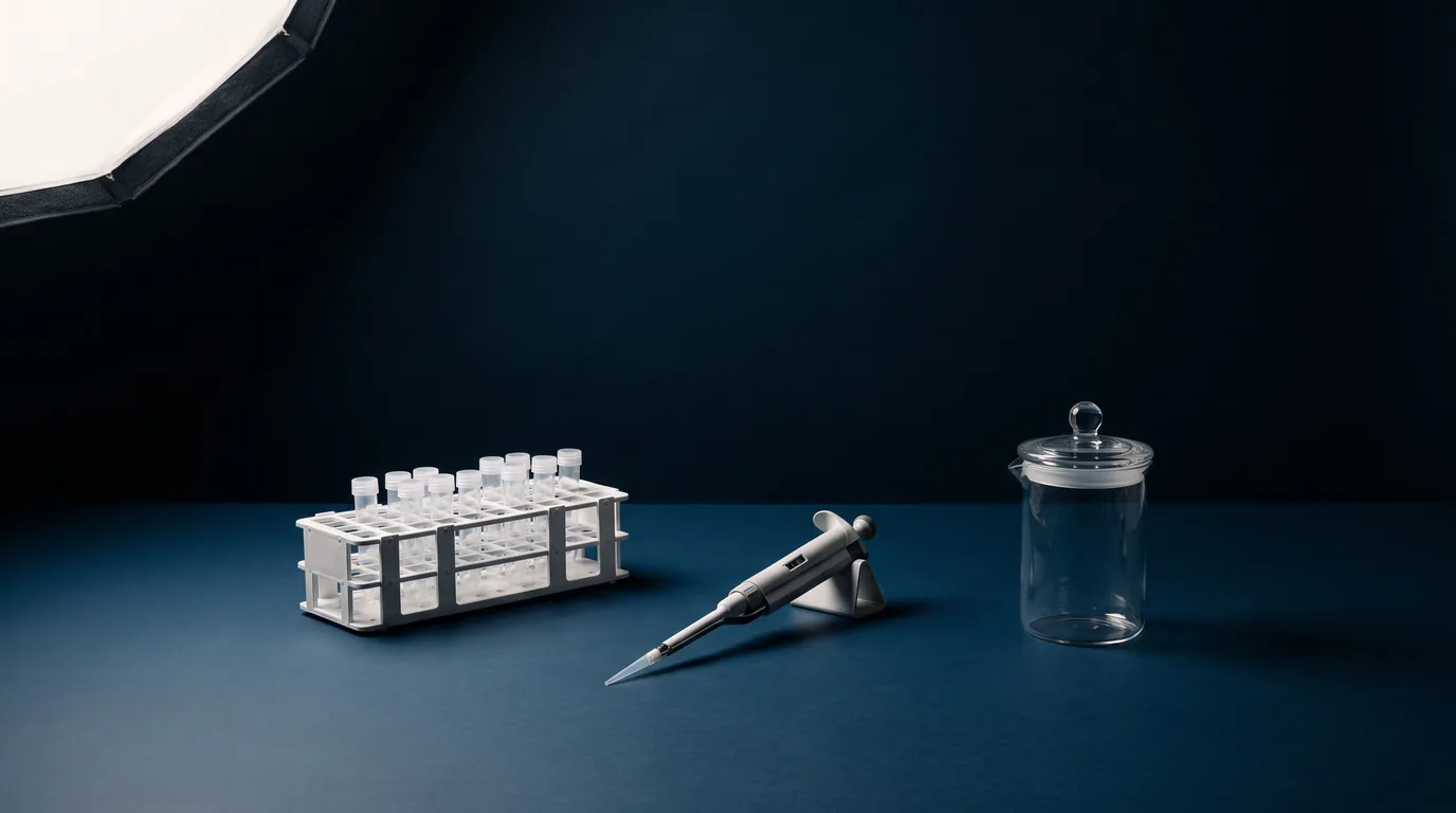Laboratory glassware and a microscope on the brand's navy set