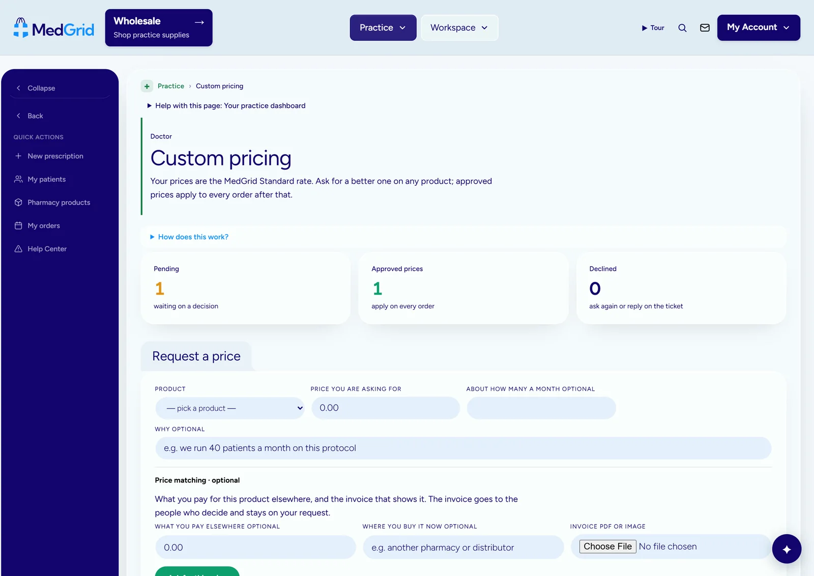 Custom pricing: ask for a better price on any product; approved prices apply to every order after
