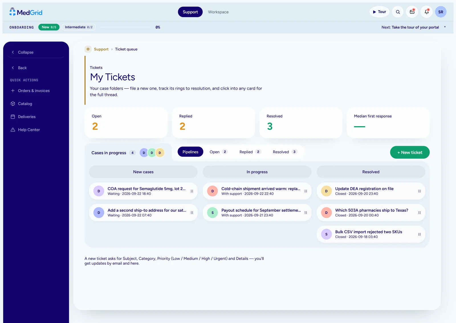 My Tickets: open, replied and resolved cases on a pipeline board