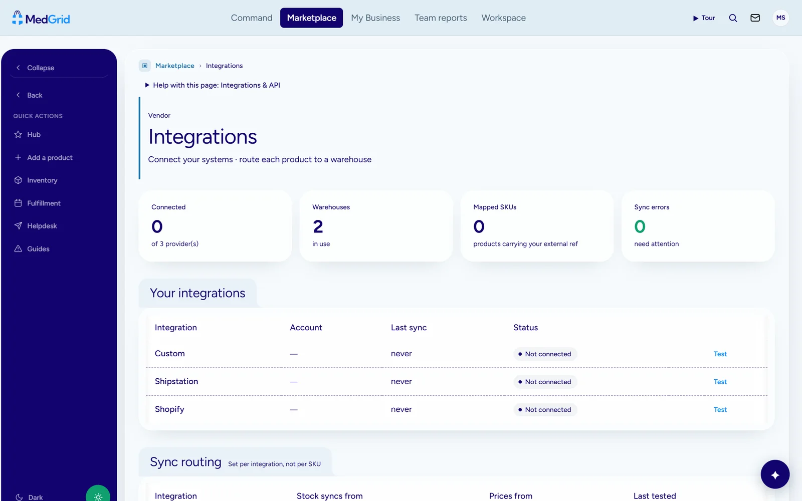 Integrations: ShipStation, Shopify and custom connections with sync routing