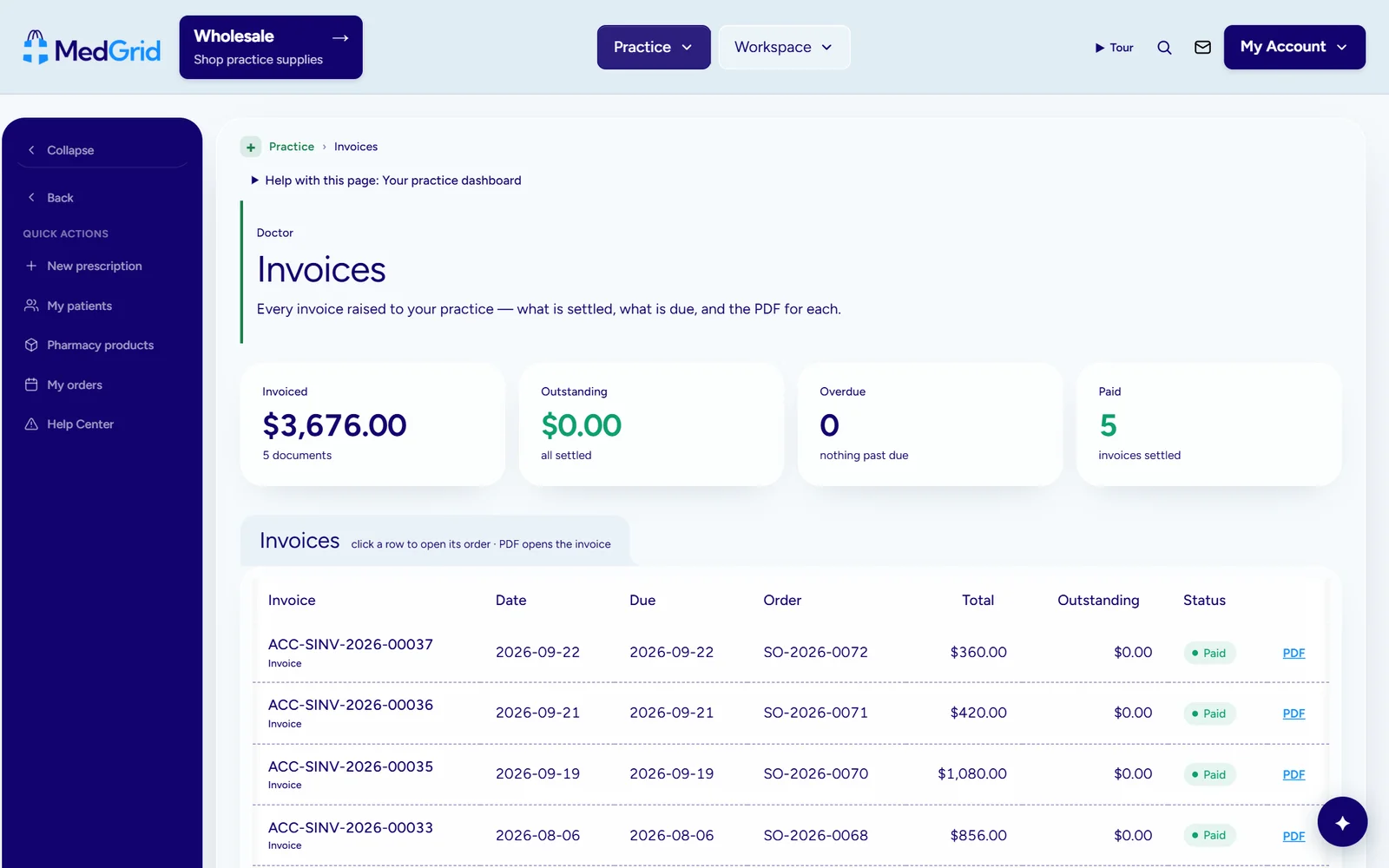 Every invoice for the practice with totals, status and a PDF for each