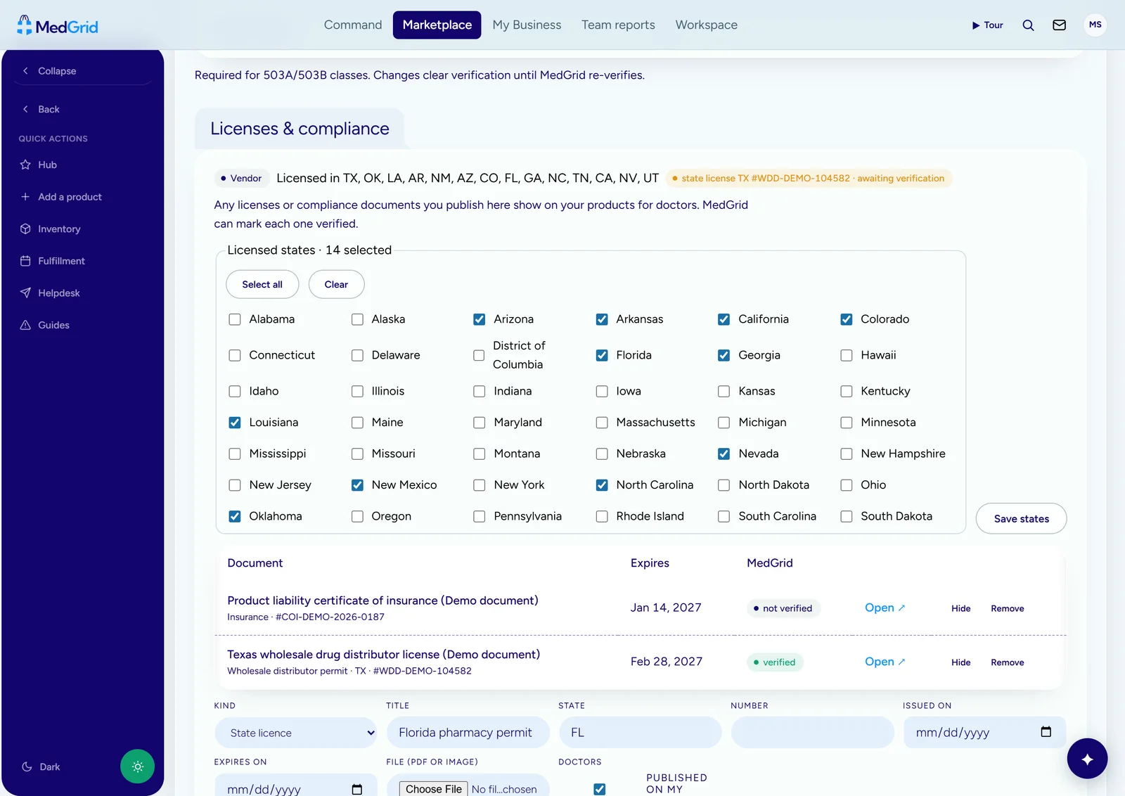 Licenses and compliance: the states a vendor is licensed in and the documents it publishes, each marked verified or not