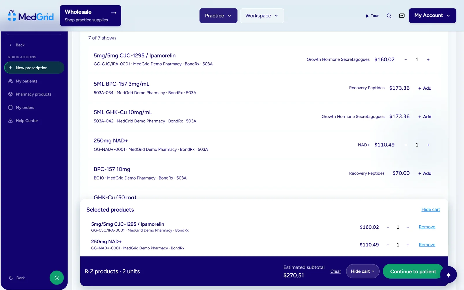 New prescription: products added from a 503A pharmacy, with the running subtotal