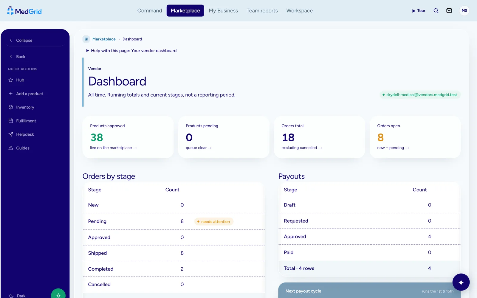Vendor dashboard: products approved, orders by stage and payouts