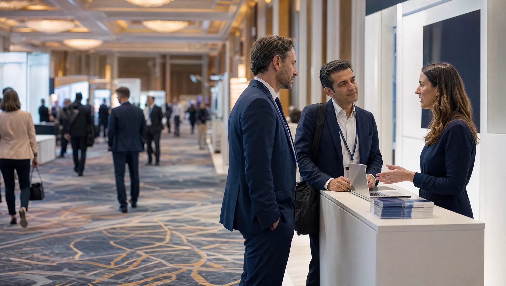 Two physicians talking with an exhibitor at a booth on a medical conference floor