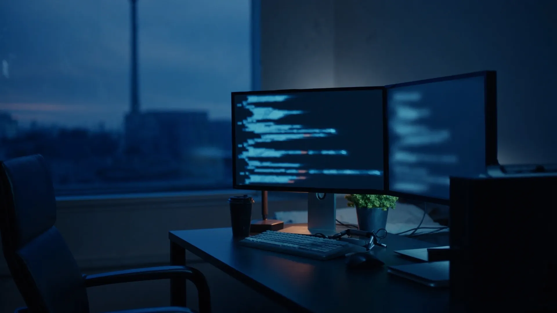 An empty developer desk at dusk with code on two monitors