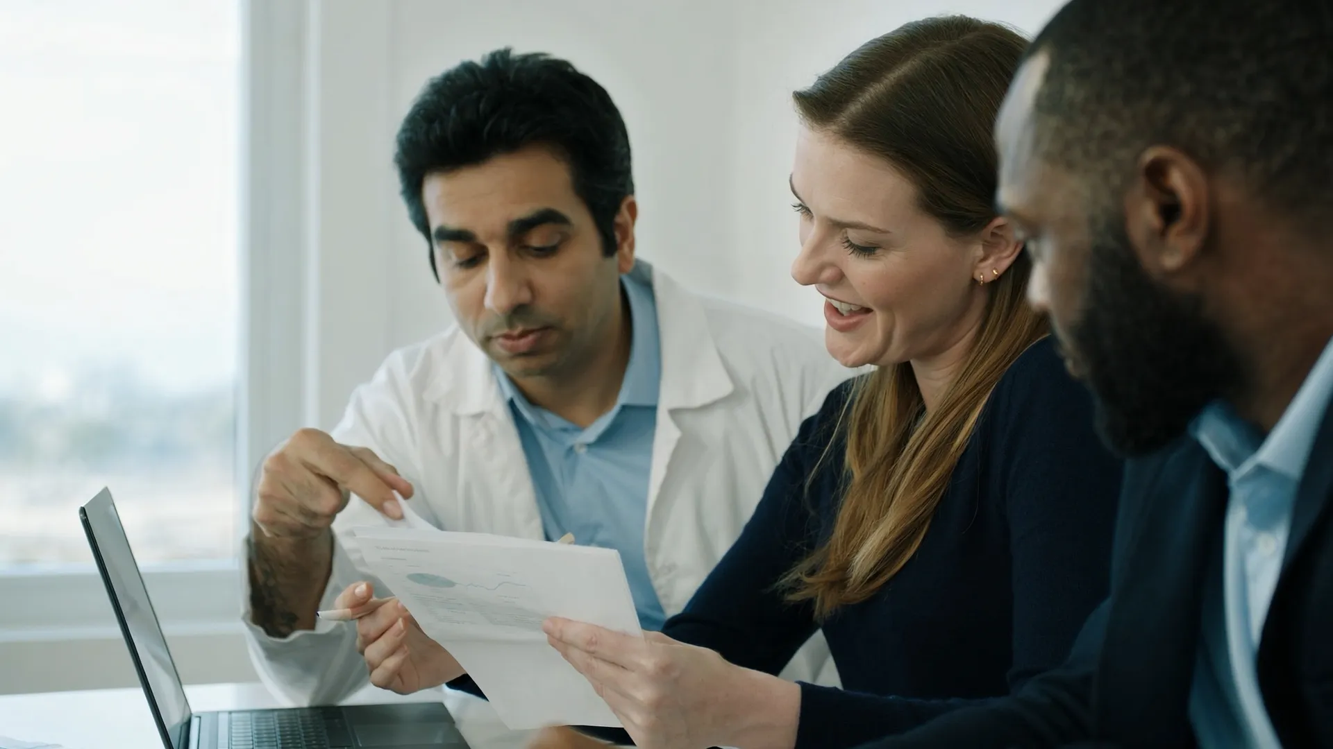 A physician, an operations lead and a rep reviewing a report together