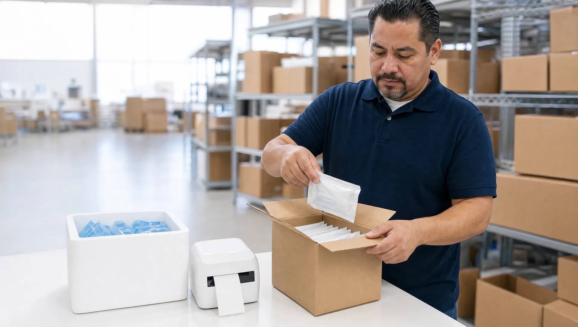 A fulfillment worker packing sterile supplies with a cold-chain shipper
